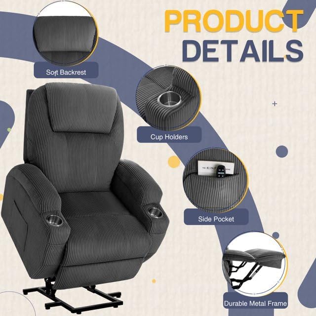Furmax Electric Power Lift Recliner Chair with Massage for Elderly Corduroy Fabric Recliner Single Sofa with Cup Holders, Side Pockets and Remote Control for Living Room Bedroom (Gray)