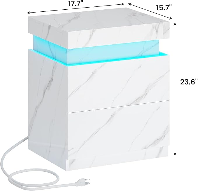 ADORNEVE Nightstand Set of 2,Night Stand with Charging Station & LED Light & Sliding Top,Bedside Table with Drawers,Modern Bed Side Tables Bedroom,White Marble