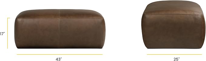 Poly & BARK Denver Ottoman – 43" Large Pouf with Feather-Down Topper – Full-Grain Leather Upholstered Pouf Ottoman for Living Room – Vintage Italian Leather in Cocoa Brown