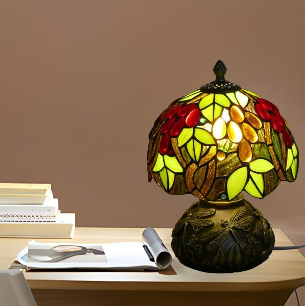 Small Tiffany Table Lamp Stained Glass Nightstand Lamps Bedside Purple Grape Desk Light for Office Bar Retro Bedroom Living Room,7.87 inch