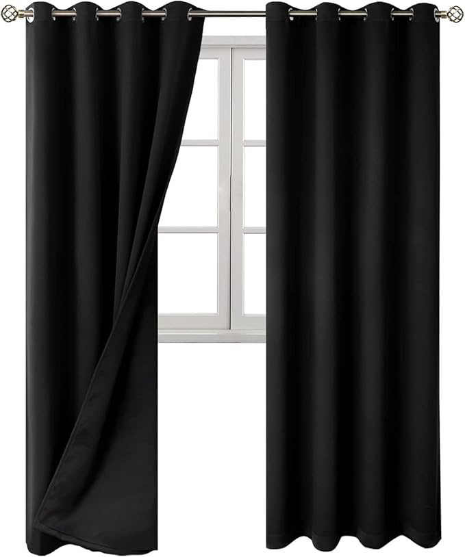 BGment 100% Blackout Curtains 108 Inch Long 2 Panles Set, Thermal Insulated Total Light Locking Soundproof Grommet Curtains & Drapes for Living Room with Black Liner, 52 Inch Wide Each, Black