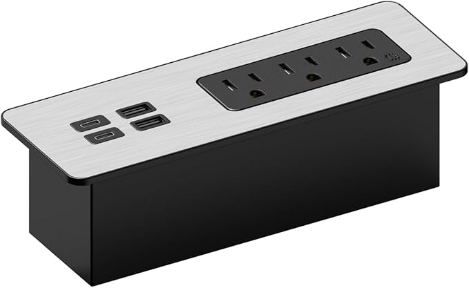 Kable Kontrol Recessed Power Strip Kit with Fast Charging 2 PD65W USB-C Ports, 2 USB-A ports, 3 Power Desk Outlets, Replaceable Silver Finish Panel Plate Flush Mount Furniture Charging Station Grommet