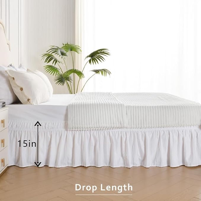 MIYE Striped Tufted Bed Skirt - Wrap Around Dust Ruffle with Elastic Belts - 15 Inch Drop Easy to Put On - Bedskirt Machine Washable ＆ Wrinkle Resistant(Striped/White, King/Queen-15 Drop)
