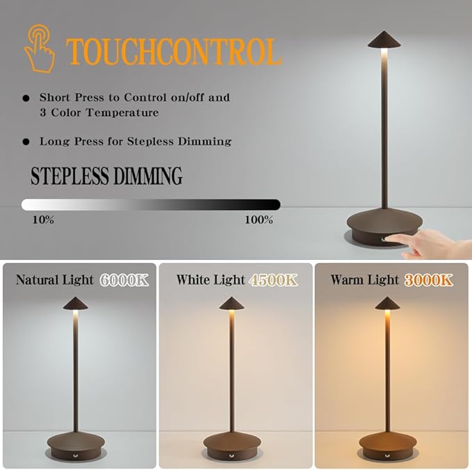 2 Pack LED Rechargeable Cordless Table Lamps,Portable Outdoor 5000mAh Battery Operated Table Light Touch Control 3 Color Dimmable Table Lamp for Patio/Cofee/Restaurant/Camping/Dining/Bedroom-Brown
