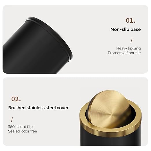 2.4 Gallon/9L Black and Gold Bathroom Trash Can Metal, Stainless Steel Wastebasket with lid, Brass Kitchen Garbage Can for Tolit Bedroom Powder Room Office Hotel (Black and Gold)