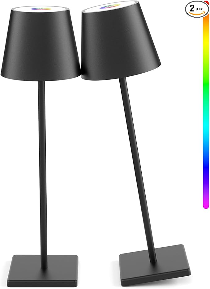 2 Pack LED Cordless Table Lamp with RGB & Stepless Dimming Rechargeable Battery Desk lamp 3W 5500mAh Battery Operated with Modern Portable Table Light for Indoor/Outdoor IP54 Waterproof (Black)