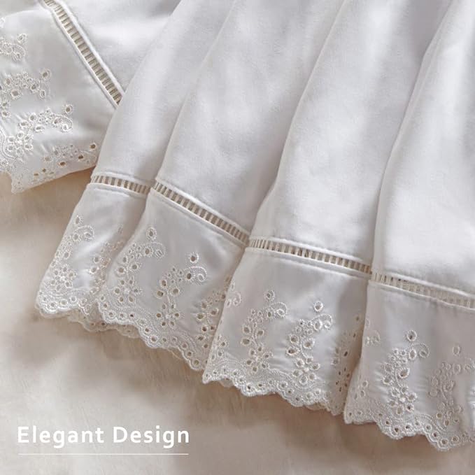 MIYE Wrap Around Ruffled Lace Bed Skirt, Elastic Dust Ruffle with Adjustable Belts, Easy to Put On, Bed Frame Cover, Machine Washable (Embroidered/White, Full/Twin-22 Drop)