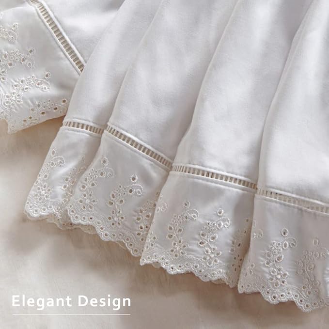 MIYE Wrap Around Ruffled Lace Bed Skirt, Elastic Dust Ruffle with Adjustable Belts, Easy to Put On, Bed Frame Cover, Machine Washable (Embroidered/White, King/Queen-22 Drop)