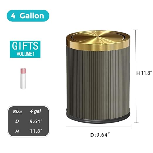 4 Gallon / 15L Trash Can Bathroom with Swing Lid, Grey Gold Garbage Can, Leather Modern, Large Office Waste Basket, for Bedroom, Kitchen, Powder Room, Hotel, Business(15L Grey)
