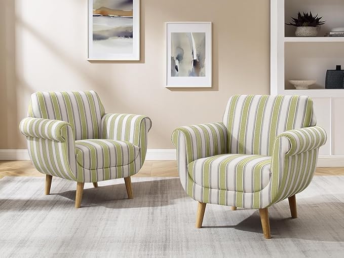 VANOMi Mid-Century Accent Chair with Stripe Pattern, Modern Linen Fabric Armchair with Wood Legs, Club Chair for Living Room, Comfy Upholstered Side Chairs for Bedroom, Reading, Small Place (Green)