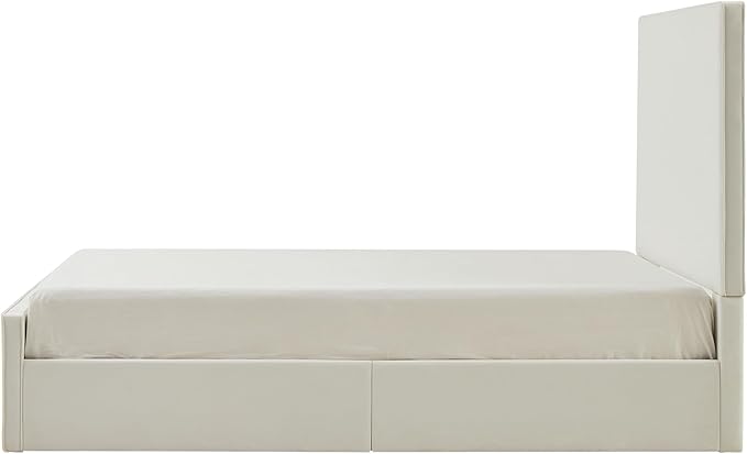 Queen Size Upholstered Bed Frame, 52" High Headboard Wingback Bedframe, Lucas Tall Headboard Floor Platform Beds, No Box Spring Needed No Noise/Minimalist/Coconut Micro Suede, White