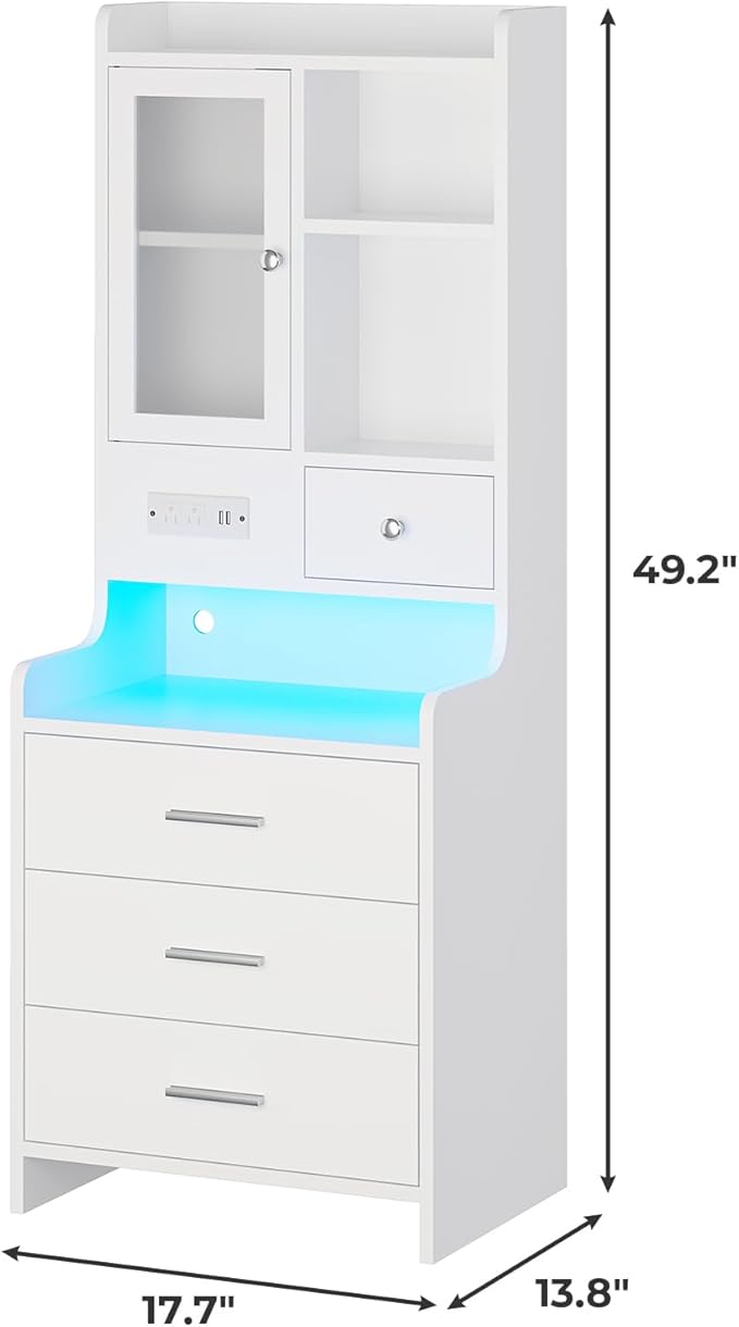 ADORNEVE Tall Night Stand with Charging Station and LED Lights,49.2" Nightstand with Bookshelf, White Bedside Table with Drawers,End Side Table for Bedrooms
