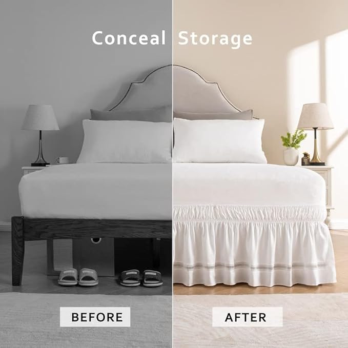 MIYE Wrap Around Ruffled Lace Bed Skirt, Elastic Dust Ruffle with Adjustable Belts, Easy to Put On, Bed Frame Cover, Machine Washable (Ruffled Lace/White, King/Queen-18 Drop)