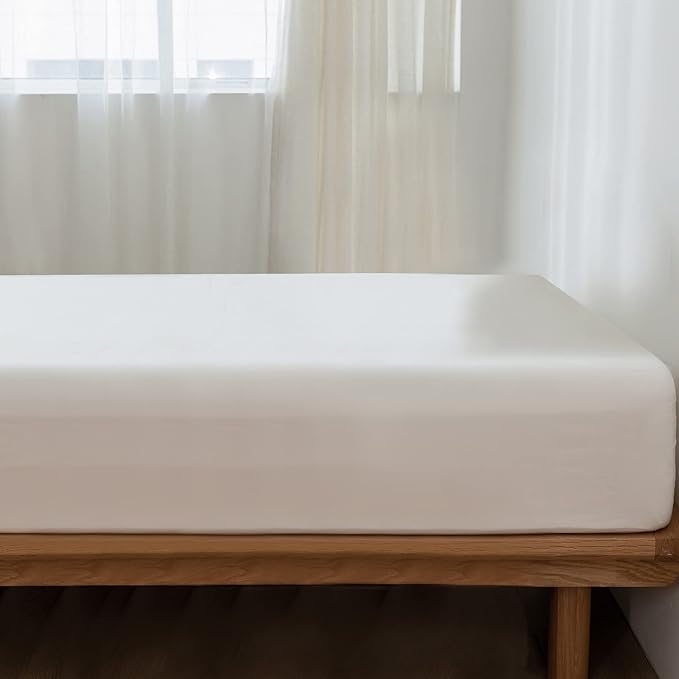 MooMee Fitted Bottom Sheet Only 100% Washed Cotton Linen Like Textured Breathable Durable Soft Comfy Deep Pocket Fits Mattress up to 17" (Off White, California King)