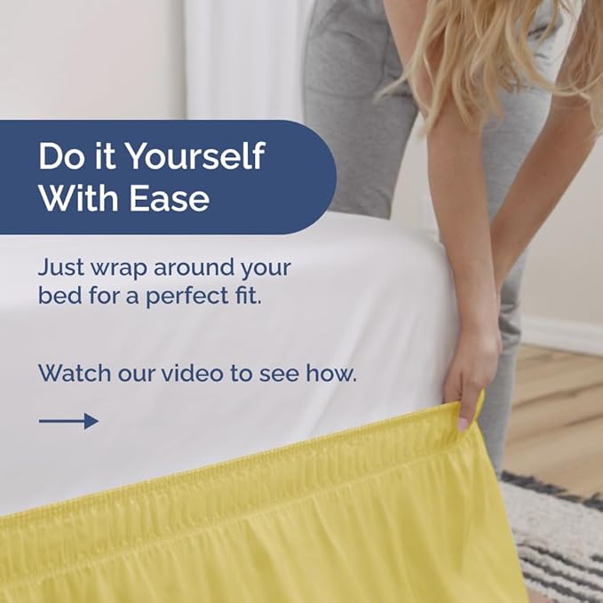 Wrap Around Dust Ruffle Bed Skirt - Yellow - for King Size Beds with 15 Inch Drop - Easy Fit Elastic Strap - Adjustable Pleated Bedskirt w/Brushed Fabric - Wrinkle Free - for Women, Men, Kids & Teens