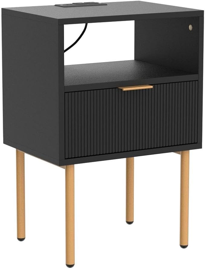 Masupu Nightstand with Charging Station,Mid-Century Modern Bedside Table with Storage Drawer and Open Wood Shelf,Small Gold Frame Side Table for Bedroom,Living Room (Black)