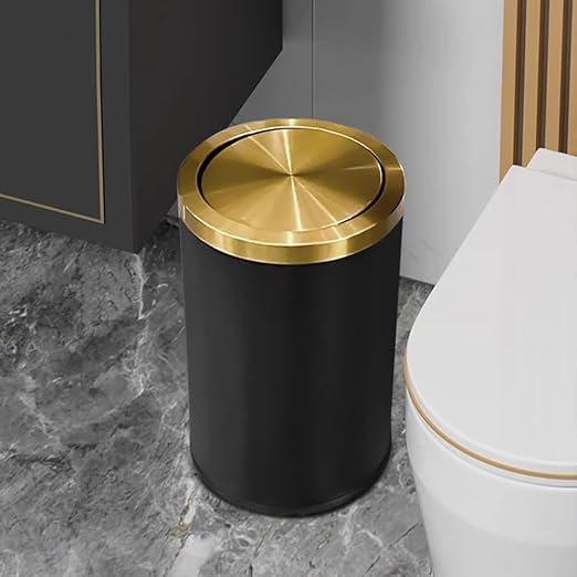 2.4 Gallon/9L Black and Gold Bathroom Trash Can Metal, Stainless Steel Wastebasket with lid, Brass Kitchen Garbage Can for Tolit Bedroom Powder Room Office Hotel (Black and Gold)