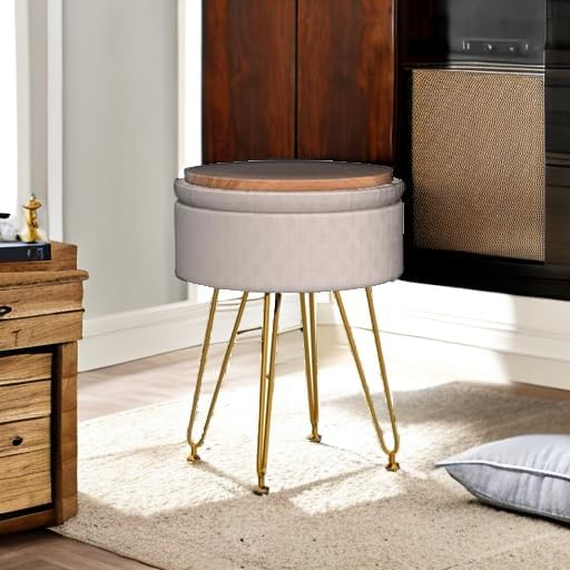 Cpintltr Footrest Footstools Round Velvet Ottoman with Storage Space Soft Vanity Chair with Memory Foam Seat Small Side Table Hallway Step Stool 4 Gold Metal Legs with Adjustable Footings Champagne