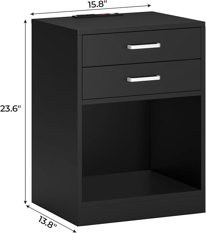 ADORNEVE Night Stand Set 2,Black Nightstand with Charging Station & Drawers,Night Stands for Bedrooms Set of 2,Bedside Table with Drawers