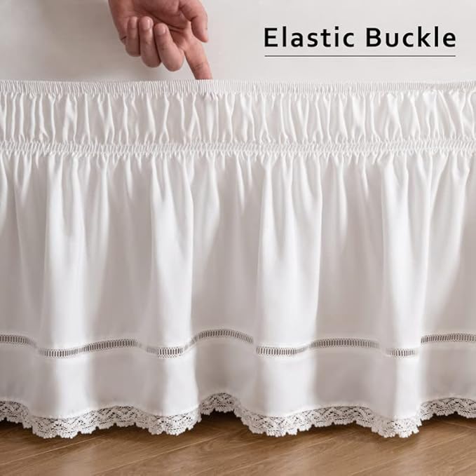 MIYE Wrap Around Ruffled Lace Bed Skirt, Elastic Dust Ruffle with Adjustable Belts, Easy to Put On, Bed Frame Cover, Machine Washable (Floral Lace/White, Full/Twin-18 Drop)