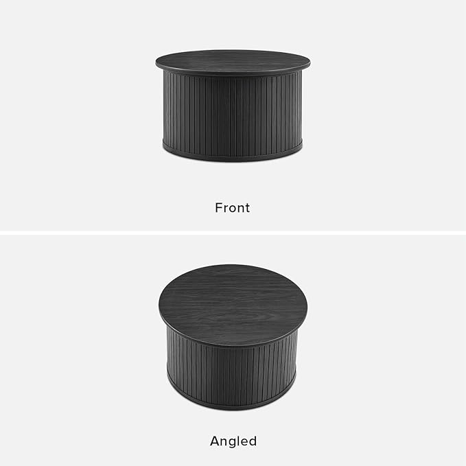 mopio Quin Tambour Round Circle Coffee Table with Storage, Drum Accent, Mid Century Modern, Wood, Fluted Center, Tea Table with Removable Lid, Living Room (Black Oak)