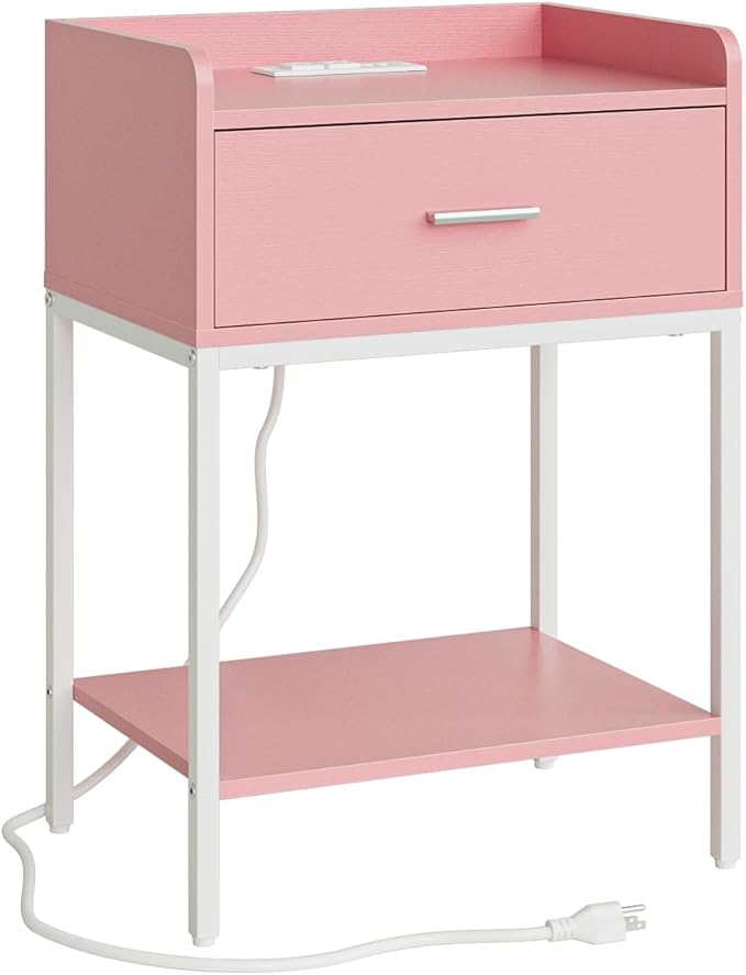 Masupu Nightstand with Charging Station,3-Tier Modern Bedside Night Stand with Storage Drawer and Shelf,Small End Side Table for Bedroom,Living Room,Pink and White