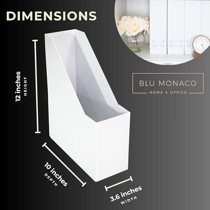 BLU MONACO Set of 6 Foldable White Magazine File Holders | Vertical Desk File Organizer Boxes With Leather Label Holders | Stylish Cardboard Magazine Storage for Shelves, Workspace and Home Office