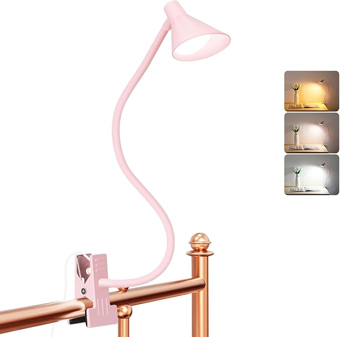 Clip on Light USB Reading Light, Eye Care Dimmable Reading Lamp Flexible Goose Neck Clip on Lamp for Bed Headboard Desk Bedside Dorm - Pink