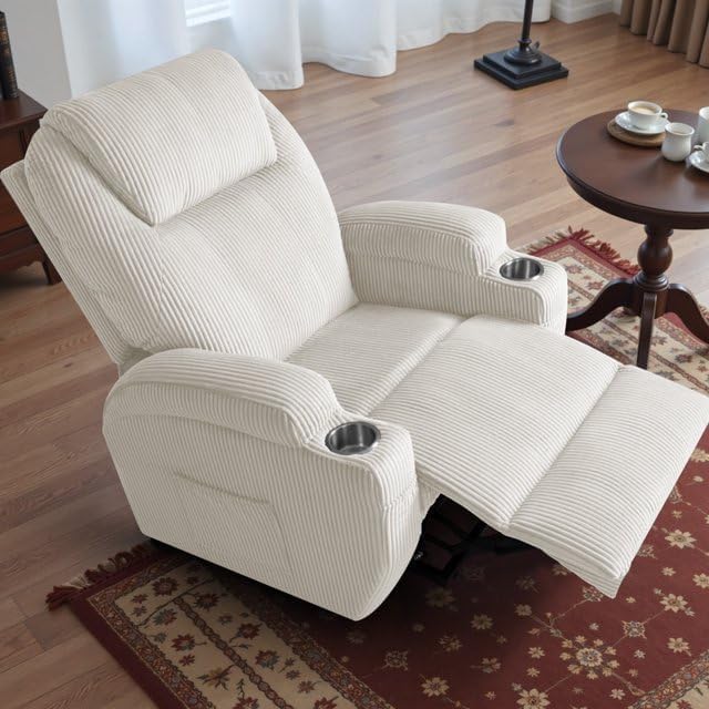 Furmax Electric Power Lift Recliner Chair with Massage for Elderly Corduroy Fabric Recliner Single Sofa with Cup Holders, Side Pockets and Remote Control for Living Room Bedroom (White)
