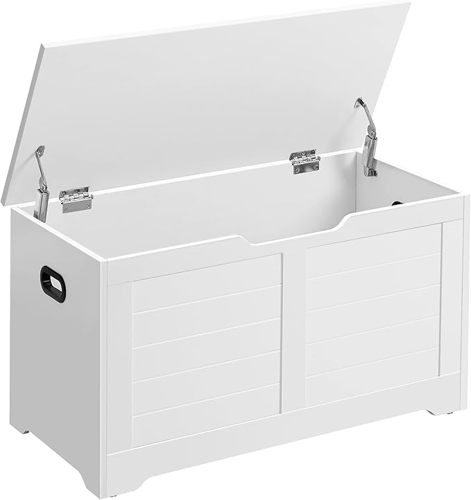 VASAGLE Storage Chest, Storage Bench with 2 Safety Hinges, Farmhouse Style, 15.7 x 31.5 x 18.1 Inches, for Entryway, Bedroom, Living Room, Cloud White ULSB063T14