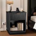 LYNCOHOME Fluted Nightstand with Charging Station, Bedside Table for Bedroom with 1 Drawer Storage, Side Table for Bedroom（Black）