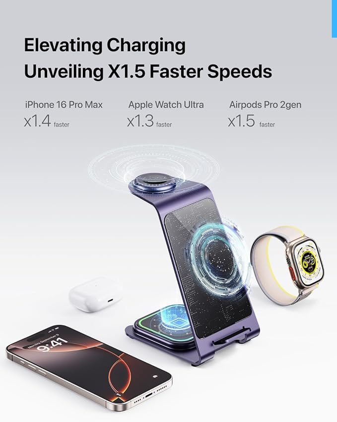 Intoval Aluminum 3 in 1 Wireless Charging Station for iPhone 17 16 15 14 13 12 11 Pro Max XR, Wireless Charger for Apple Watch 11 10 9 8 7 Ultra SE 3 2, Phone Charger for AirPods 4 Pro 2 3 (Purple)