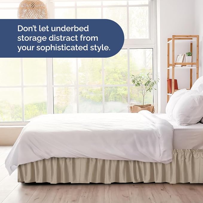 Wrap Around Dust Ruffle Bed Skirt - Cream - for King Size Beds w/ 16 Inch Drop - Easy Fit Elastic Strap - Adjustable Pleated Bedskirt w/Brushed Fabric, Wrinkle & Fade Free Women, Men, Kids & Teens