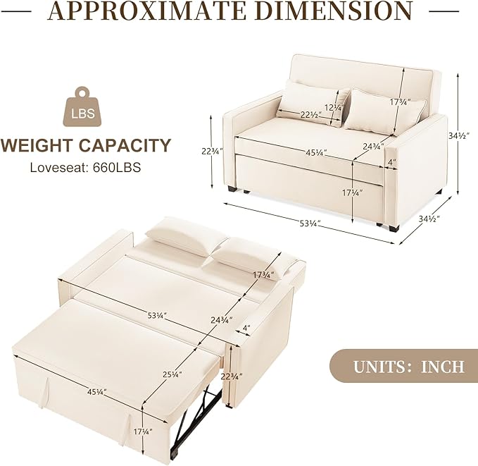 Furnimart 3-in-1 Convertible Sleeper Sofa with Pull-Out Bed, 53" Futon Couch Bed, Adjustable Backrest Loveseat for Small Spaces Beige