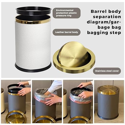 2.4 Gallon Bathroom Trash Can with Lid, Pu Leather Modern Garbage Can, Round Decorative Waste Basket, for Near Desk, Powder, Bedroom, Hotel, Office, Home (9L-Checked White)