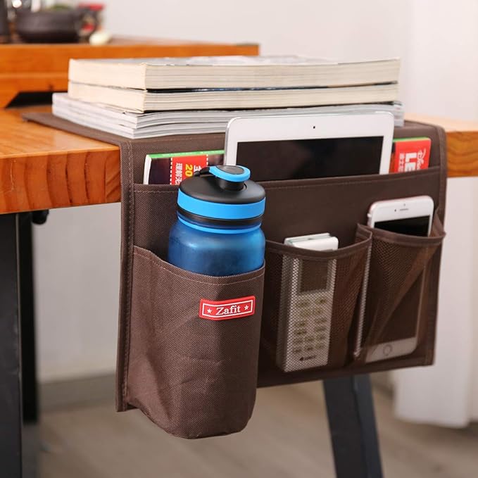 Zafit Bedside Storage Organizer - Table Cabinet Organizer Caddy for Remotes, Phone, Glasses (4 Pockets - Coffee)