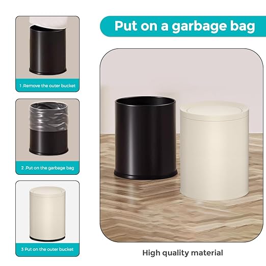 2.6 Gallon/10L Metal Trash Can with Swing Lid, Double Bucket,Round Waste Basket,Black,Modern,Elegant Garbage can,for Bathroom,Living Room,Kitchen,Office,Home,Bedroom(12L-White)