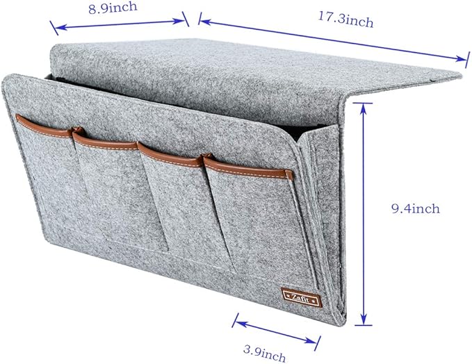 Bedside Caddy, Large Size Storage Organizer with 7 Pockets for Magazine, Remotes, Phone (17.3'' x 18.1'', Light Grey)