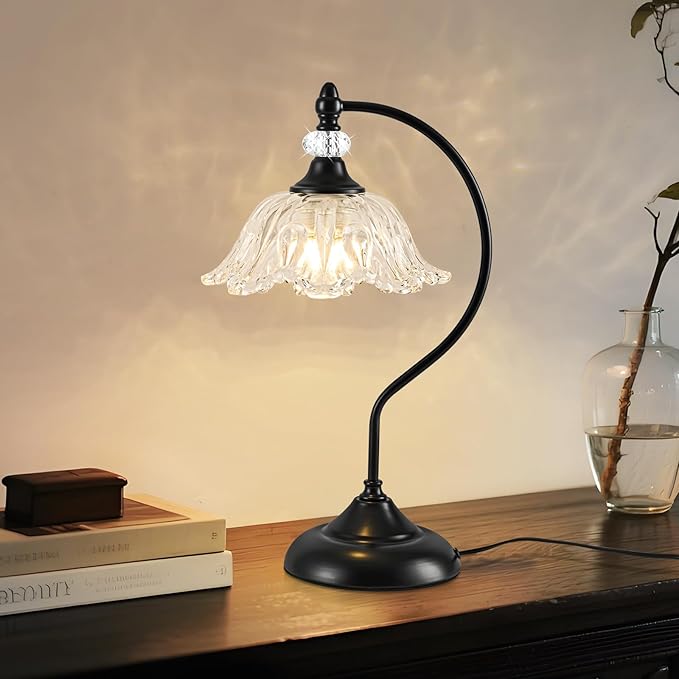 Table Lamp for Bedroom,Crystal Glass Beside Lamp,Plug in Dimmable Black Lamp Flower Nightstand Lamp for Living Room, Office, Desk, Home Decor
