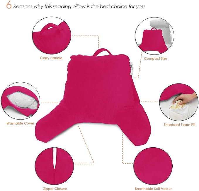Nestl Reading Pillow with Shredded Memory Foam, Designed for Sitting Up in Bed and Couch, Back and Arms Adjustable Support for Adult & Teens Backrest Pillows for Reading, with Washable Cover Hot Pink