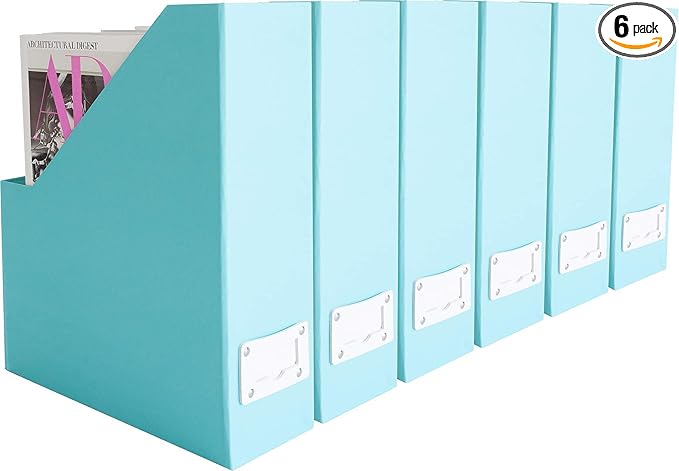 BLU MONACO Set of 6 Aqua Magazine File Holders | Foldable Magazine Storage Boxes with White Leather Label Holders | Vertical File Organizer for Desk, Shelves & Home Office