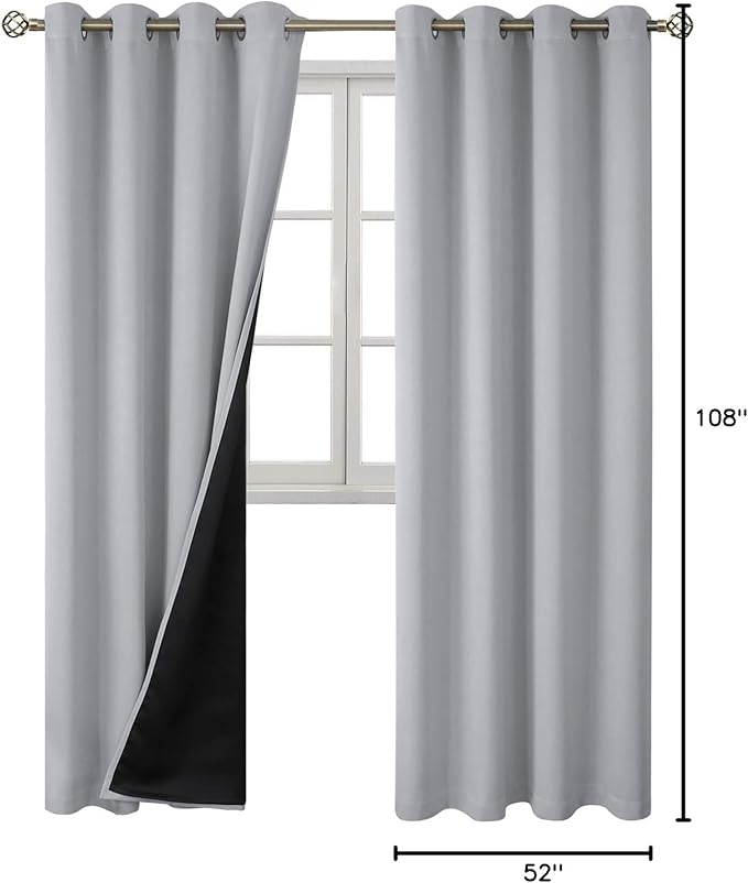 BGment 100% Blackout Curtains 108 Inch Long 2 Panles Set, Thermal Insulated Total Light Locking Soundproof Grommet Curtains & Drapes for Living Room with Black Liner, 52 Inch Wide Each, Light Grey