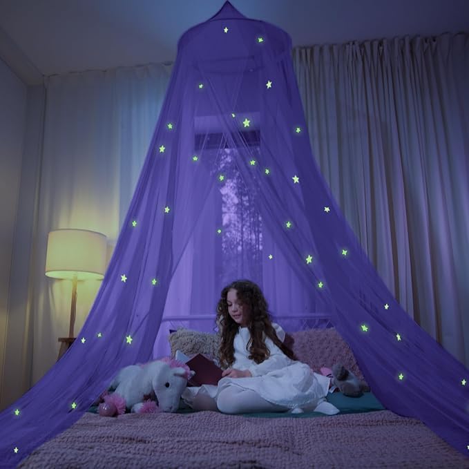 Bollepo Purple Bed Canopy for Girls with Glowing Stars - Princess Netting Room Decor, Ceiling Tent to Cover Toddler | Single, Twin, Full, Queen Size Kids Bed, Fire Retardant Fabric