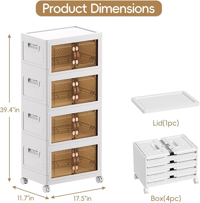 JEKO&JEKO 247Qt Stackable Storage Bins with Lids and Wheels, Foldable Collapsible Plastic Boxes for Clothes, Home, White, 7Pack
