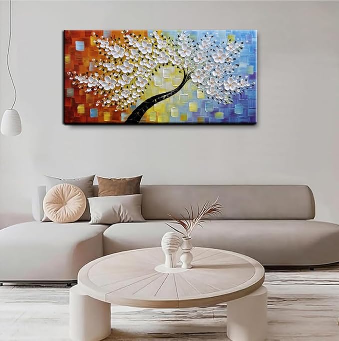 YaSheng Art -Handmade Colorful 3D Flowers Art Oil Painting On Canvas Texture Palette Knife Tree Paintings Modern Abstract Canvas Wall Art Home Interior living room Bedroom Decor Art 24x48inch