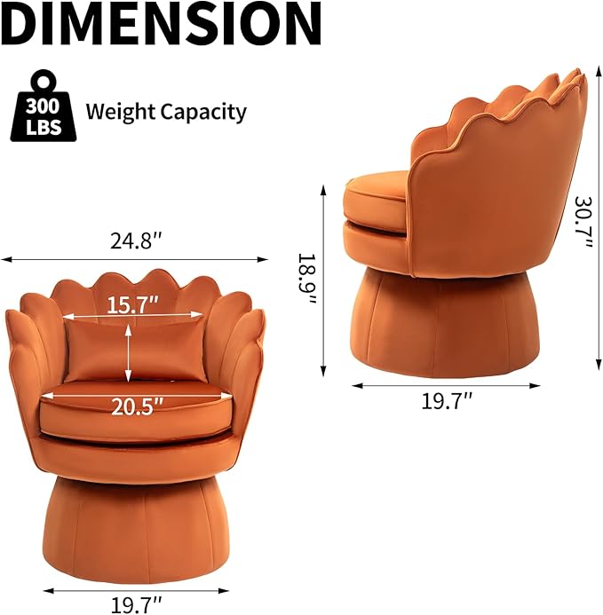 360° Swivel Accent Chairs Set of 2, Mid-Century Modern Velvet Barrel Chair, Comfy Shell Shape Arm Chair with Lumbar Pillow for Living Room, Bedroom, Office, Orange