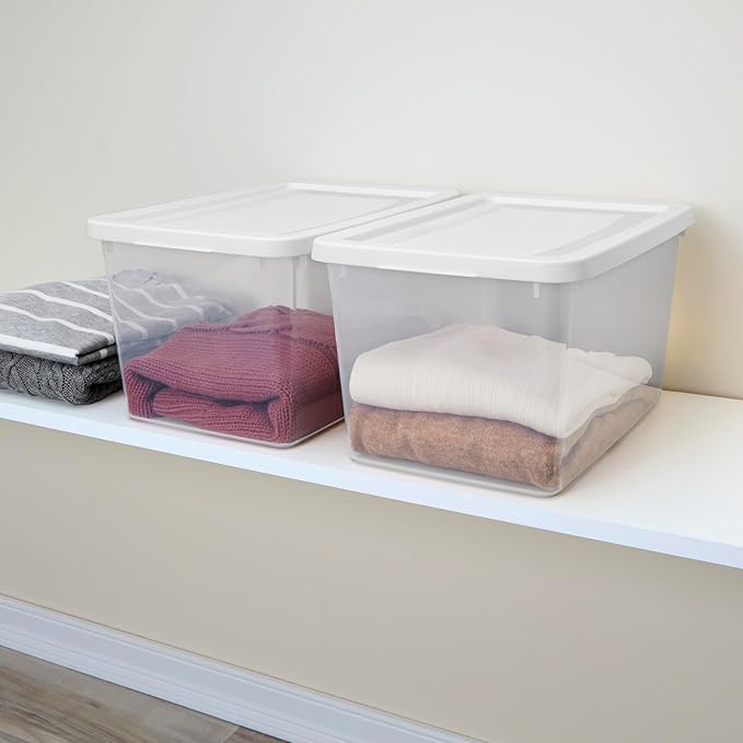 Sterilite 16 Pack Storage Box, 20 Quart Stackable Tote, Clear Plastic Container with Secure Snapping Lids for Home and Office Organization, White