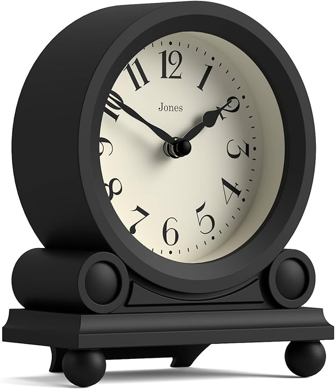 JONES CLOCKS® Maida Vale Mantel Clock | Small Traditional Desk Clock | Black | Pretty & Charming Ideal for Mantelpiece, Bookshelf or Bedside