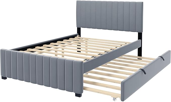 Full Bed Frame with Trundle Bed,Velvet Upholstered Platform Bed Frame,Full Size Trundle Bed with Headboard for Kids Teens Adults(Gray)