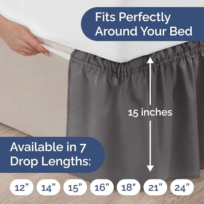 Wrap Around Dust Ruffle Bed Skirt - Dark Grey - Twin/Twin XL Size Beds with 15 Inch Drop - Elastic Strap - Adjustable Pleated Bedskirt with Brushed Fabric and Wrinkle Free - Women, Men, Kids & Teens